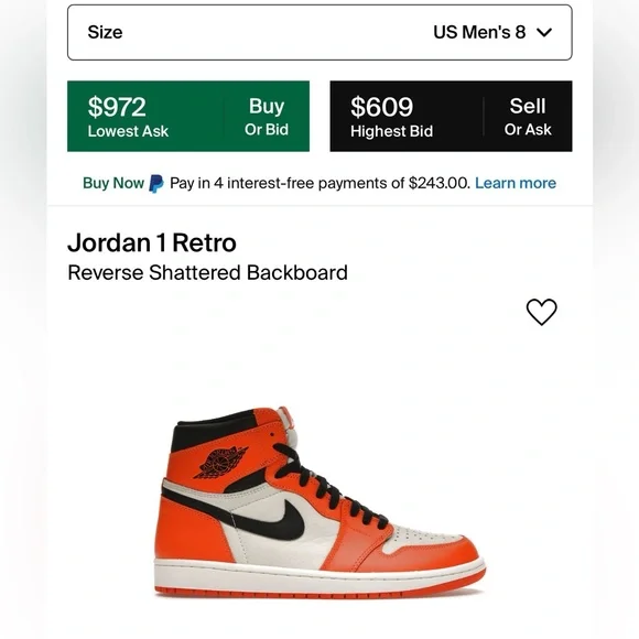 Men’s Size 8 (Euro Sz 41) Jordan 1 Retro High OG Reverse Shattered Backboard